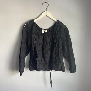 Joie Black Blouse Cottagecore Eyelet Boho Feminine Romantic Lagenlook Prairie XS